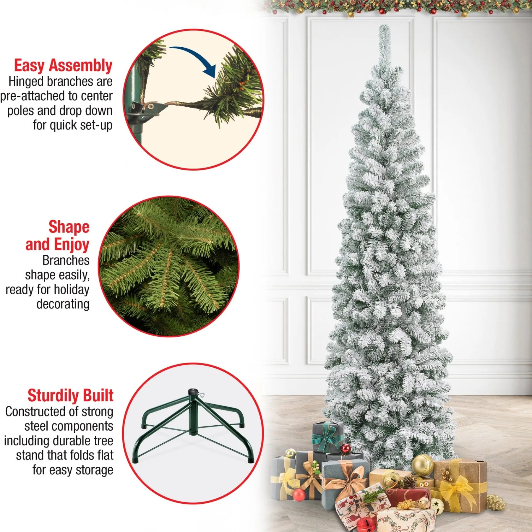 Slim-National Tree Company First Traditions Acacia Flocked Tree Slim Christmas Tree, 7.5 Ft