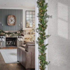 7' To 10' Garland-National Tree Company First Traditions Collection, 9 Ft Pre-Lit Artificial North Conway Garland With Glittery Cones And Eucalyptus, 100 Warm White Led Lights- Battery Operated With Timer