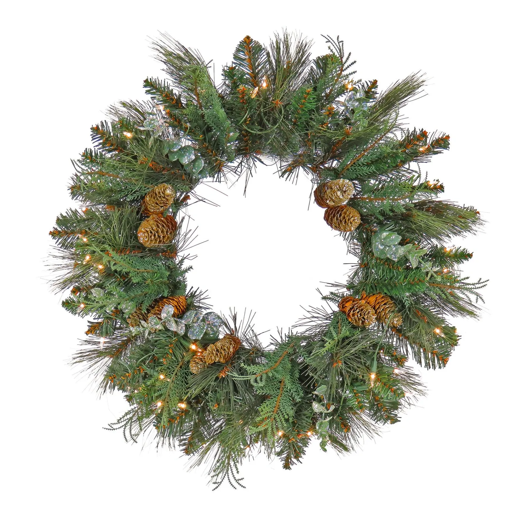 21" To 24" Wreath-National Tree Company First Traditions Collection, 24" Pre-Lit Artificial North Conway Wreath With Glittery Cones And Eucalyptus