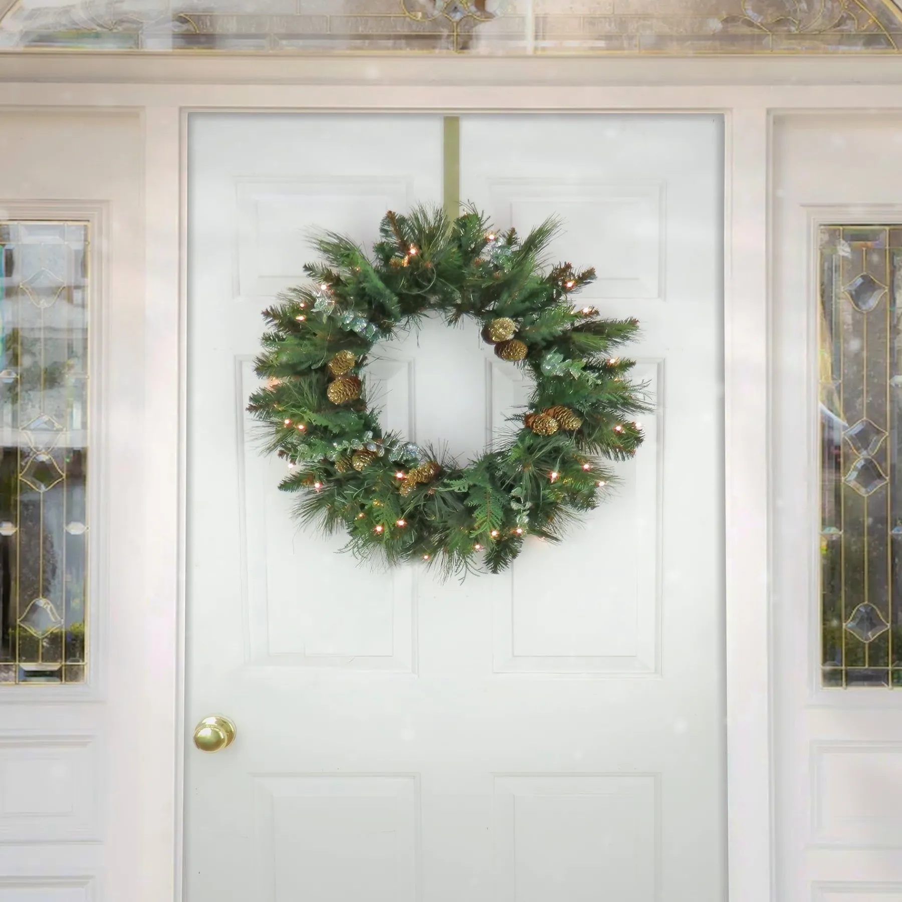 21" To 24" Wreath-National Tree Company First Traditions Collection, 24" Pre-Lit Artificial North Conway Wreath With Glittery Cones And Eucalyptus