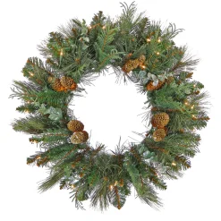 25" To 36" Wreath-National Tree Company First Traditions Collection, 30" Pre-Lit Artificial North Conway Wreath With Glittery Cones And Eucalyptus