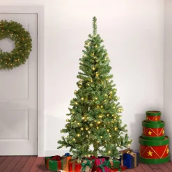 Slim-National Tree Company First Traditions Pre-Lit Artificial Linden Spruce Christmas Tree, Warm White Led Lights, Plug In, 6 Ft