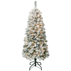 Slim-National Tree Company First Traditions Pre-Lit Acacia Flocked Tree Medium Christmas Tree, Clear Incandescent Lights, Plug In, 4.5 Ft