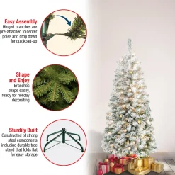 Slim-National Tree Company First Traditions Pre-Lit Acacia Flocked Tree Medium Christmas Tree, Clear Incandescent Lights, Plug In, 4.5 Ft