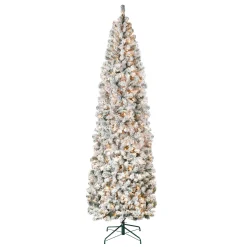 Slim-National Tree Company First Traditions Pre-Lit Acacia Flocked Tree Slim Christmas Tree, Clear Incandescent Lights, Plug In, 9 Ft