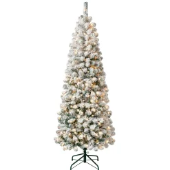 Slim-National Tree Company First Traditions Pre-Lit Acacia Flocked Tree Medium Christmas Tree, Clear Incandescent Lights, Plug In, 6 Ft