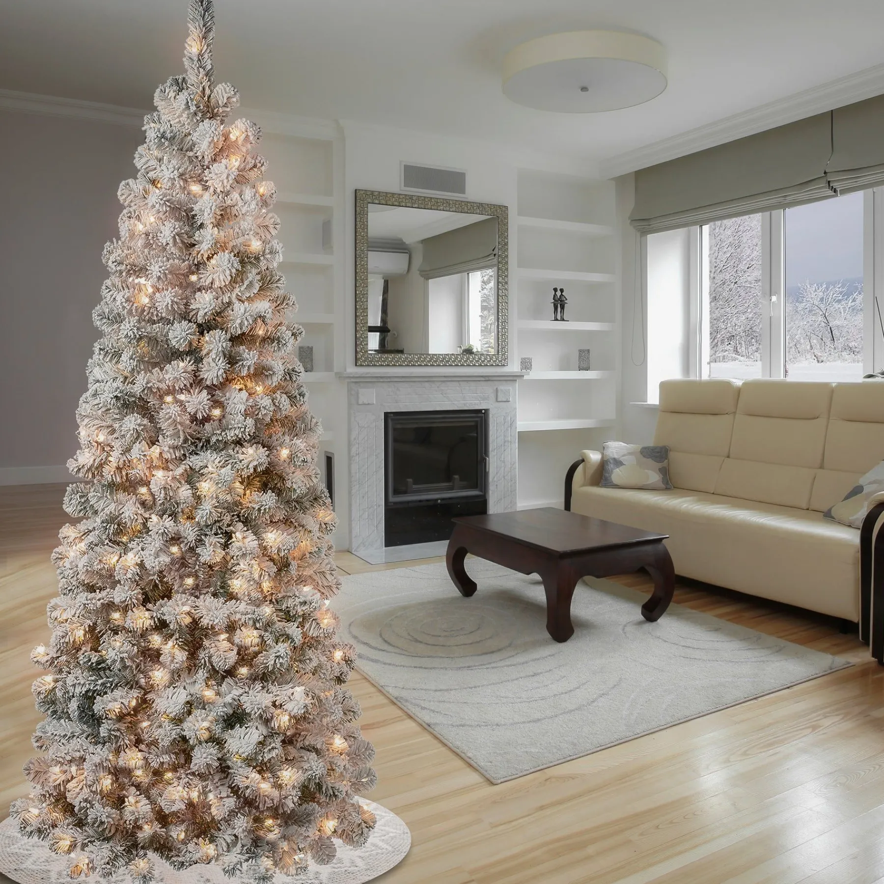 Slim-National Tree Company First Traditions Pre-Lit Acacia Flocked Tree Medium Christmas Tree, Clear Incandescent Lights, Plug In, 6 Ft