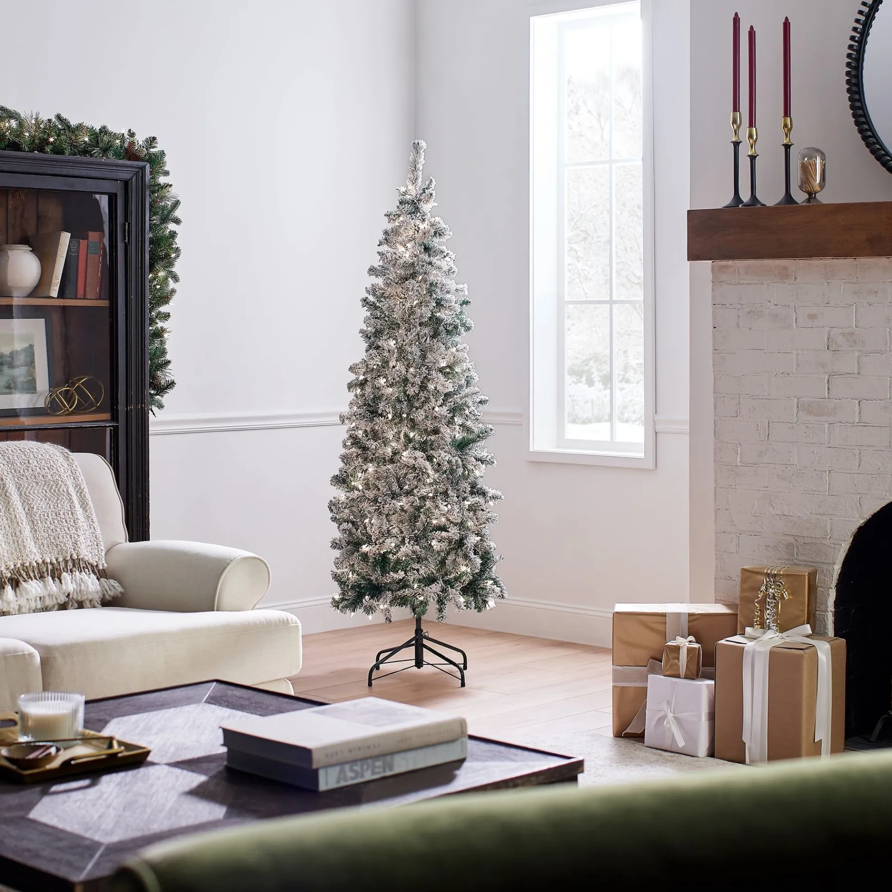 Slim-National Tree Company First Traditions Pre-Lit Acacia Flocked Tree Medium Christmas Tree, Clear Incandescent Lights, Plug In, 6 Ft