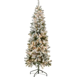 Slim-National Tree Company First Traditions Pre-Lit Acacia Flocked Tree Medium Christmas Tree, Clear Incandescent Lights, Plug In, 6 Ft
