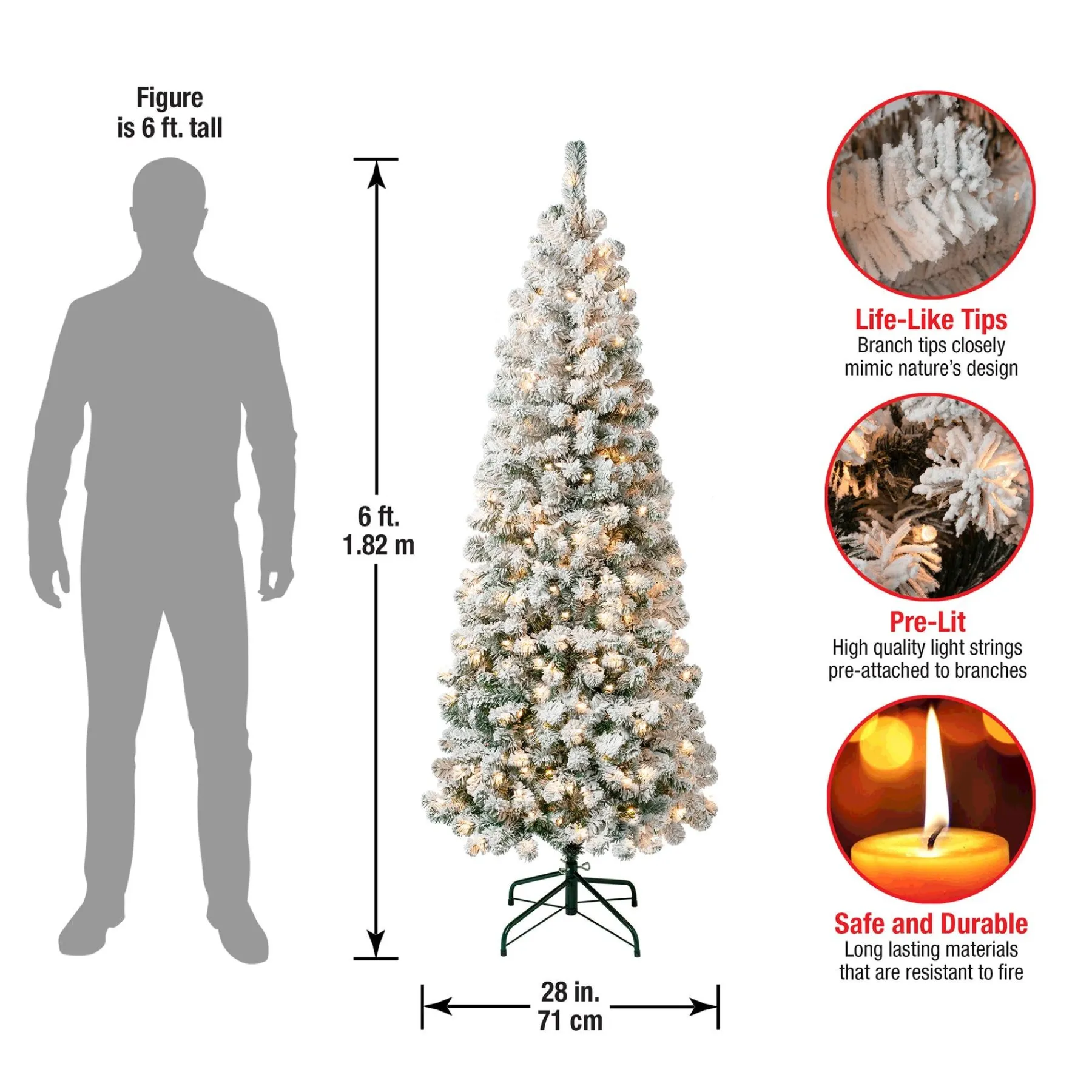 Slim-National Tree Company First Traditions Pre-Lit Acacia Flocked Tree Medium Christmas Tree, Clear Incandescent Lights, Plug In, 6 Ft
