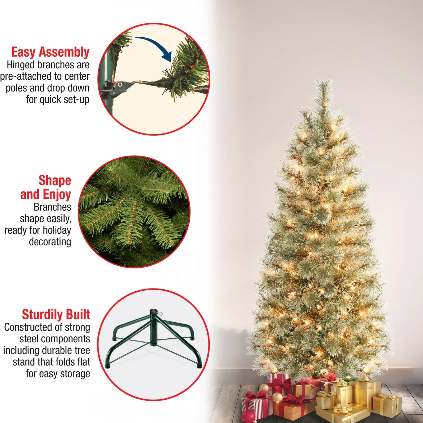 Slim-National Tree Company First Traditions Pre-Lit Arcadia Pine Cashmere Slim Christmas Tree, Clear Incandescent Lights, Plug In, 4.5 Ft