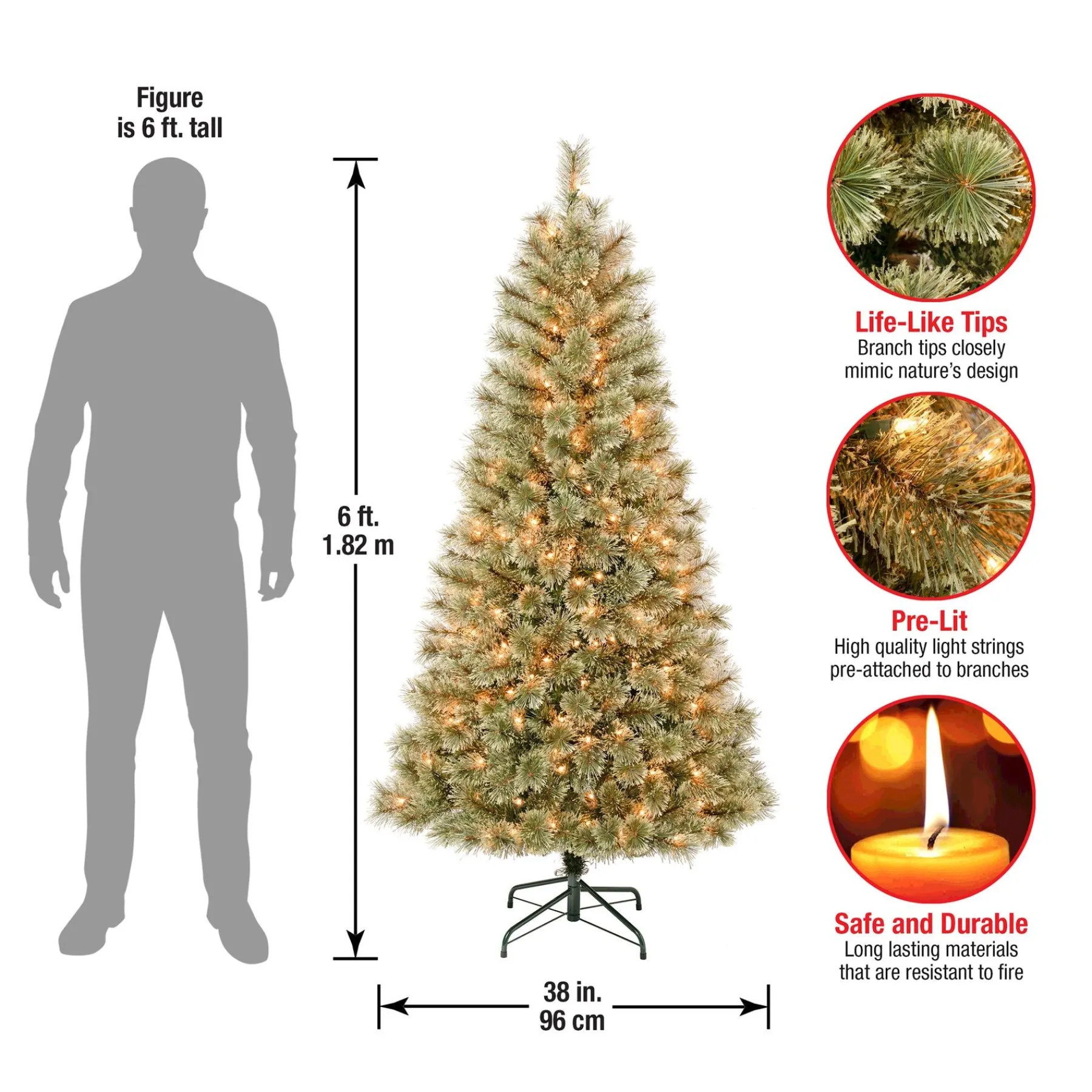5Ft - 6Ft-National Tree Company First Traditions Pre-Lit Arcadia Pine Cashmere Christmas Tree, Clear Incandescent Lights, Plug In, 6 Ft