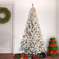 7Ft - 9Ft-National Tree Company First Traditions Pre-Lit Acacia Flocked Tree Christmas Tree, Clear Incandescent Lights, Plug In, 7.5 Ft