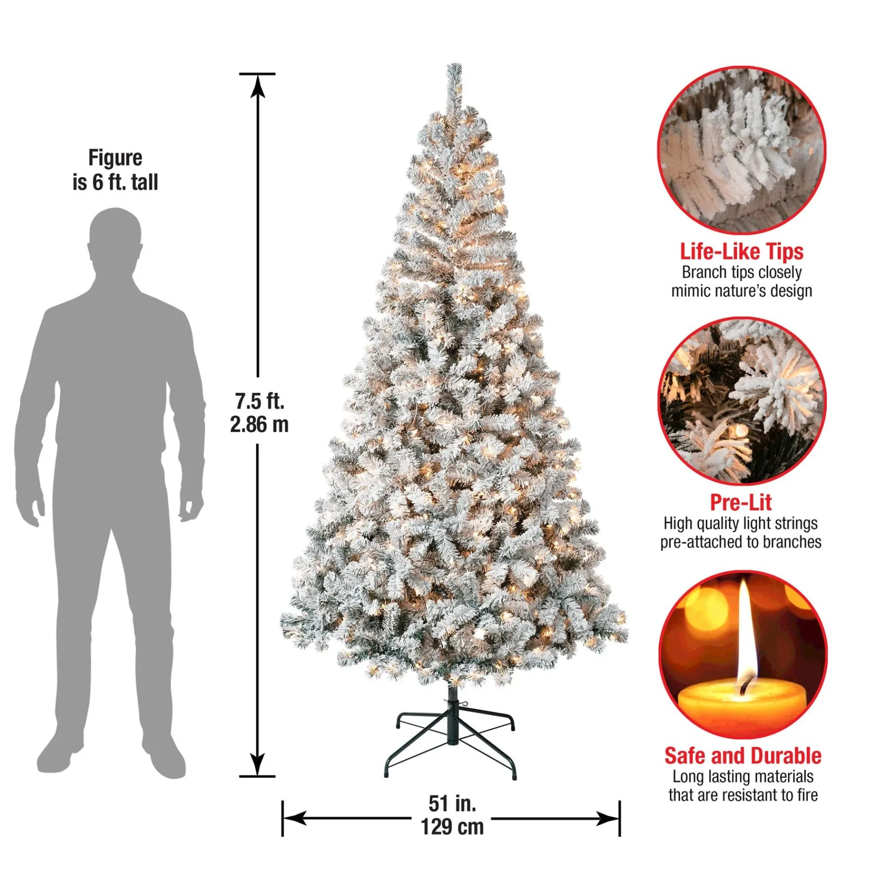 7Ft - 9Ft-National Tree Company First Traditions Pre-Lit Acacia Flocked Tree Christmas Tree, Clear Incandescent Lights, Plug In, 7.5 Ft