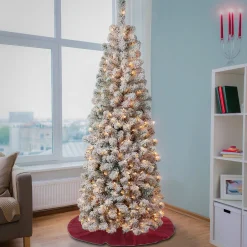 Slim-National Tree Company First Traditions Pre-Lit Acacia Flocked Tree Slim Christmas Tree, Clear Incandescent Lights, Plug In, 6 Ft