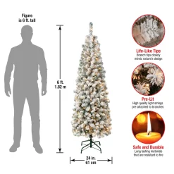 Slim-National Tree Company First Traditions Pre-Lit Acacia Flocked Tree Slim Christmas Tree, Clear Incandescent Lights, Plug In, 6 Ft