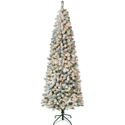 Slim-National Tree Company First Traditions Pre-Lit Acacia Flocked Tree Medium Christmas Tree, Clear Incandescent Lights, Plug In, 7.5 Ft