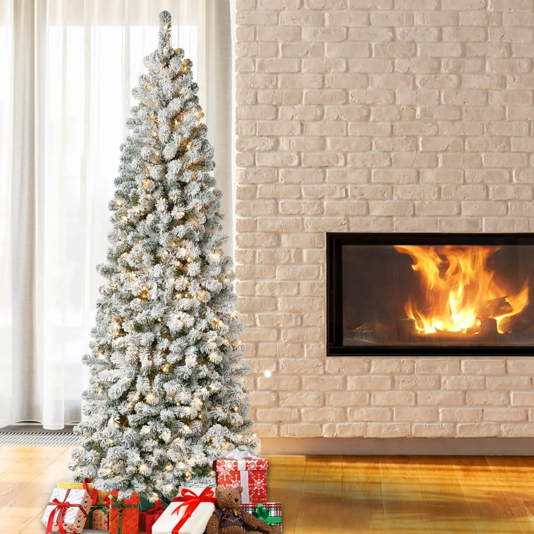 Slim-National Tree Company First Traditions Pre-Lit Acacia Flocked Tree Medium Christmas Tree, Clear Incandescent Lights, Plug In, 7.5 Ft