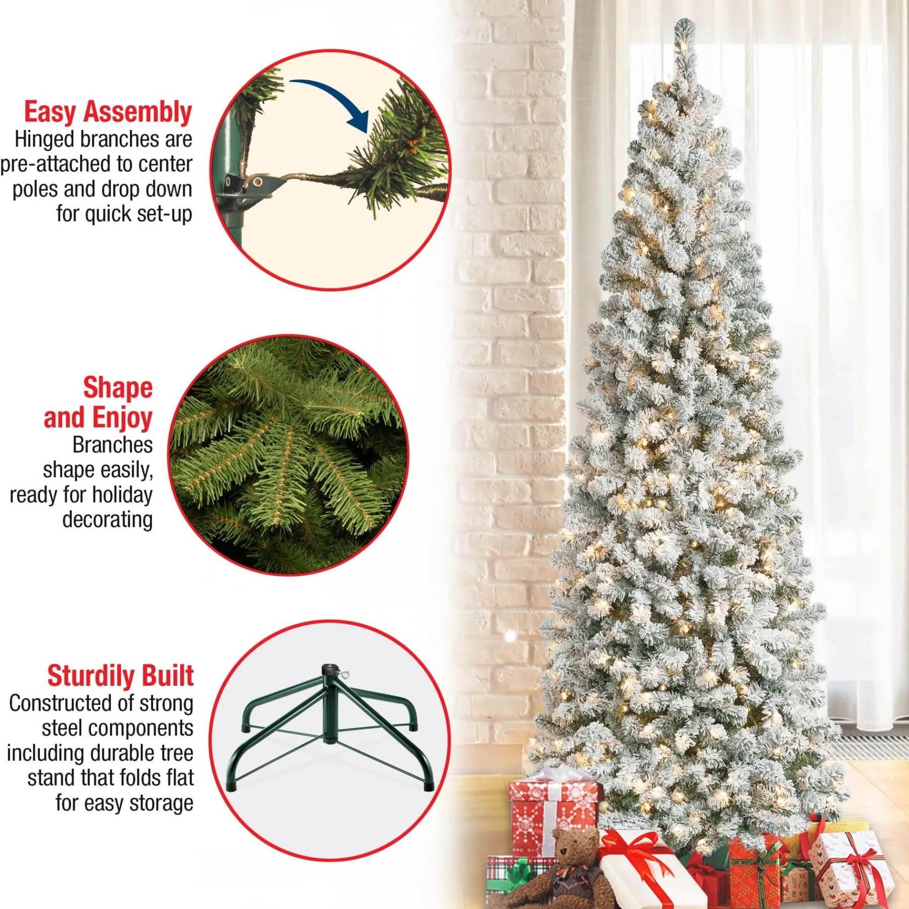 Slim-National Tree Company First Traditions Pre-Lit Acacia Flocked Tree Medium Christmas Tree, Clear Incandescent Lights, Plug In, 7.5 Ft