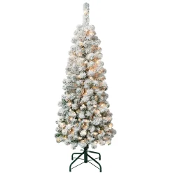 Clear-National Tree Company First Traditions Pre-Lit Acacia Flocked Tree Slim Christmas Tree, Clear Incandescent Lights, Plug In, 4.5 Ft
