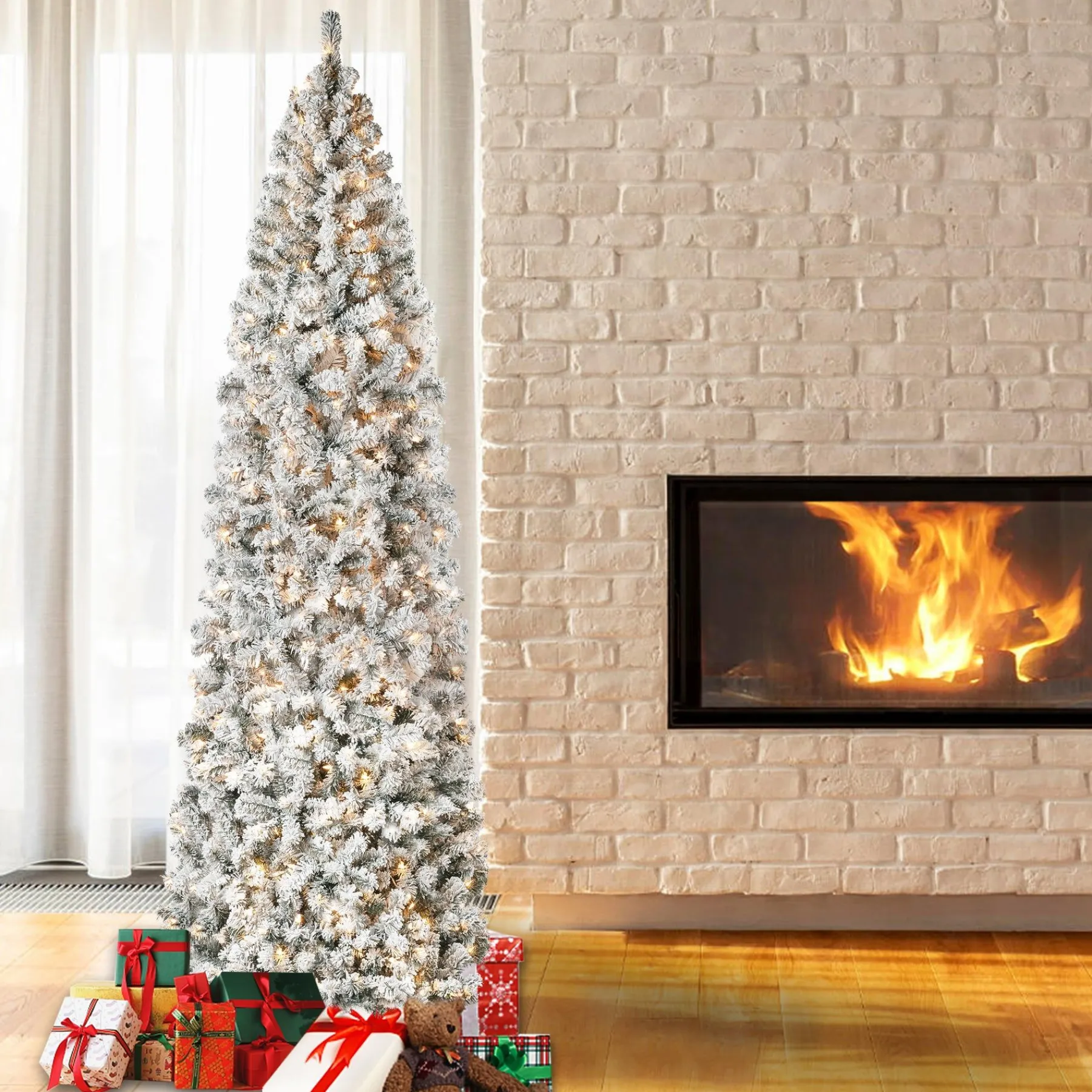 7Ft - 9Ft-National Tree Company First Traditions Pre-Lit Acacia Flocked Tree Slim Christmas Tree, Clear Incandescent Lights, Plug In, 9 Ft