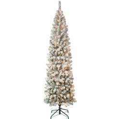 Slim-National Tree Company First Traditions Pre-Lit Acacia Flocked Tree Slim Christmas Tree, Clear Incandescent Lights, Plug In, 7.5 Ft