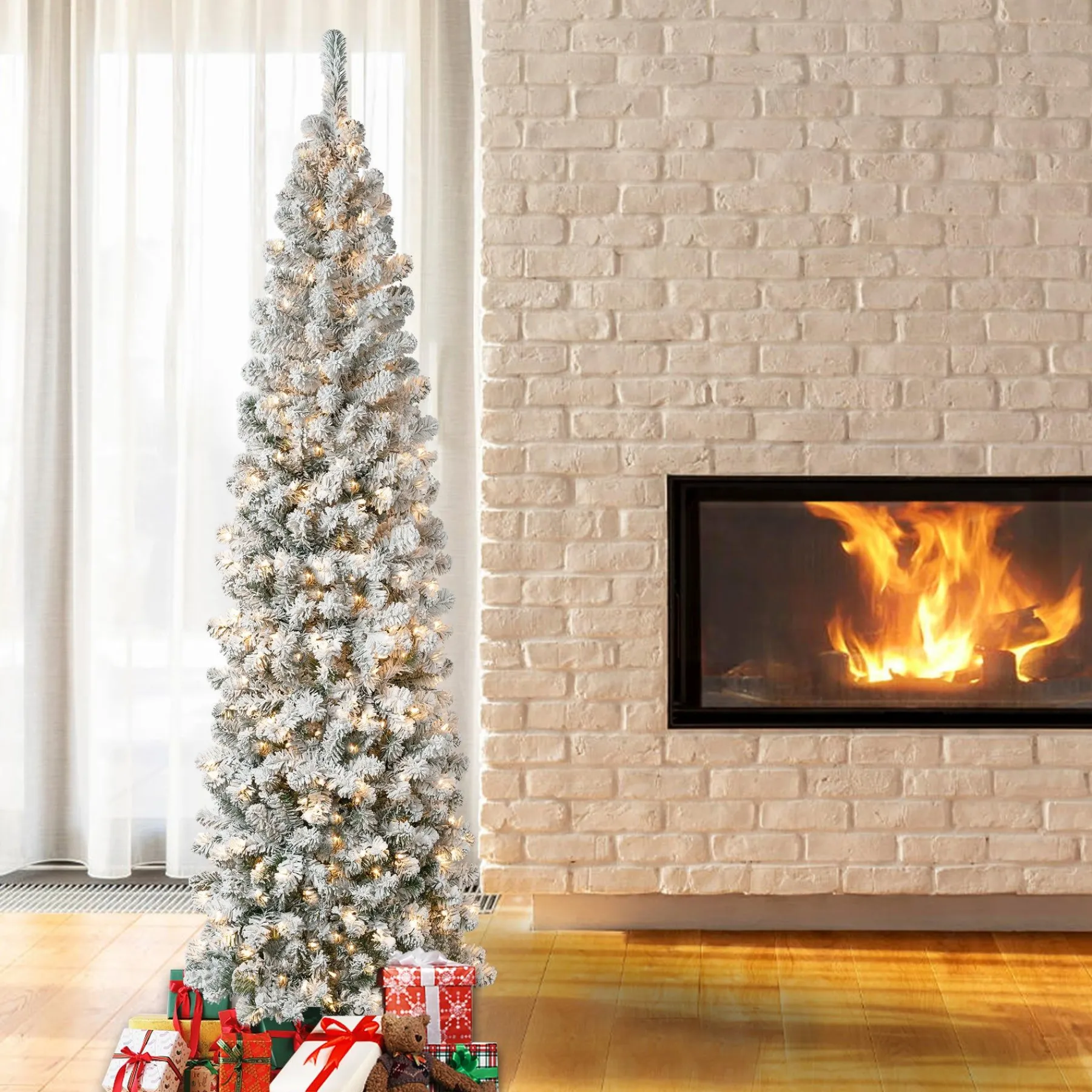 7Ft - 9Ft-National Tree Company First Traditions Pre-Lit Acacia Flocked Tree Slim Christmas Tree, Clear Incandescent Lights, Plug In, 7.5 Ft