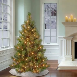 Slim-National Tree Company First Traditions Pre-Lit Charleston Pine Snowy Slim Christmas Tree, Clear Incandescent Lights, Plug In, 4.5 Ft