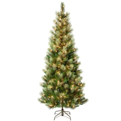 Slim-National Tree Company First Traditions Pre-Lit Charleston Pine Snowy Slim Christmas Tree, Clear Incandescent Lights, Plug In, 7.5 Ft