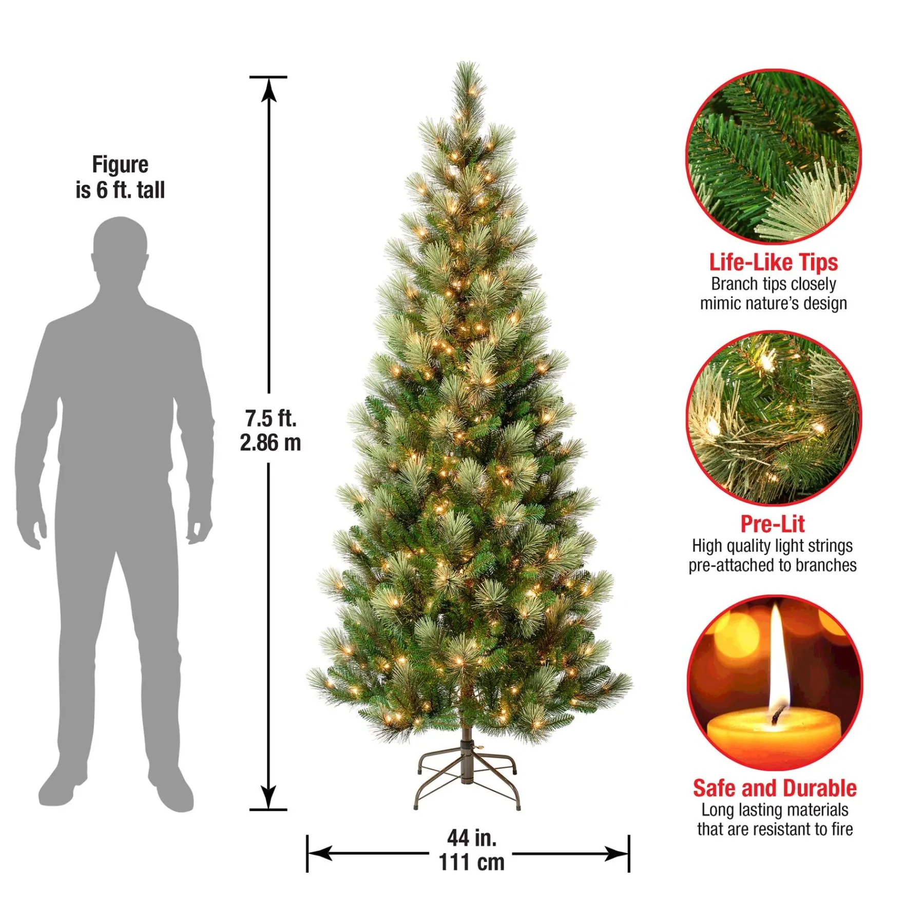 Slim-National Tree Company First Traditions Pre-Lit Charleston Pine Snowy Slim Christmas Tree, Clear Incandescent Lights, Plug In, 7.5 Ft