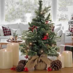 Full-National Tree Company First Traditions Pre-Lit Mini Christmas Tree With Holly Leaves, Red Berries And Pinecones, Warm White Led Lights, Battery Operated, 24 In