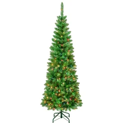 National Tree Company Slim^First Traditions Pre-Lit Rowan Pencil Slim Christmas Tree, Multicolor Incandescent Lights, Plug In, 6 Ft