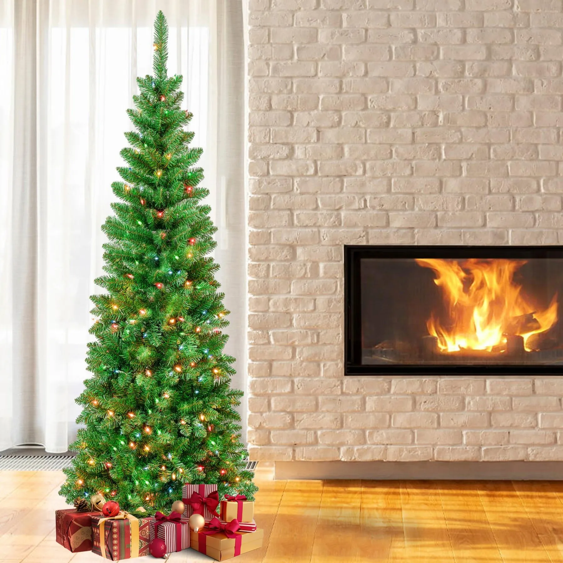 7Ft - 9Ft-National Tree Company First Traditions Pre-Lit Rowan Pencil Slim Christmas Tree, Multicolor Incandescent Lights, Plug In, 7.5 Ft