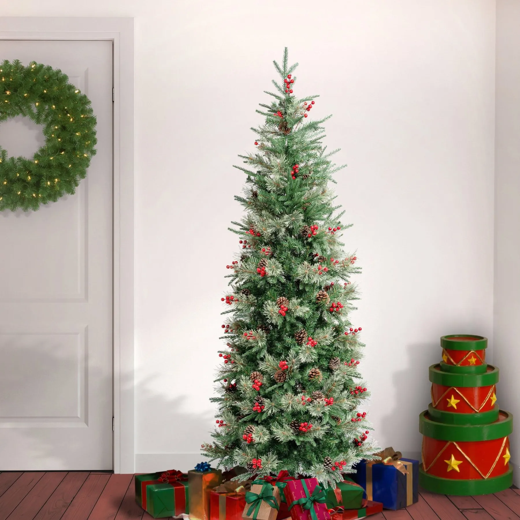 5Ft - 6Ft-National Tree Company First Traditions Virginia Blue Pine Slim Christmas Tree With Hinged Branches, 6 Ft