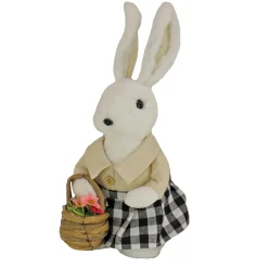 Easter Table Decor-National Tree Company Fluffy Female Bunny Table Decoration, Soft Straw Fibers With Foam Base, Dressed In Buttoned Shirt, Skirt, Basket, Easter Collection, 12 Inches