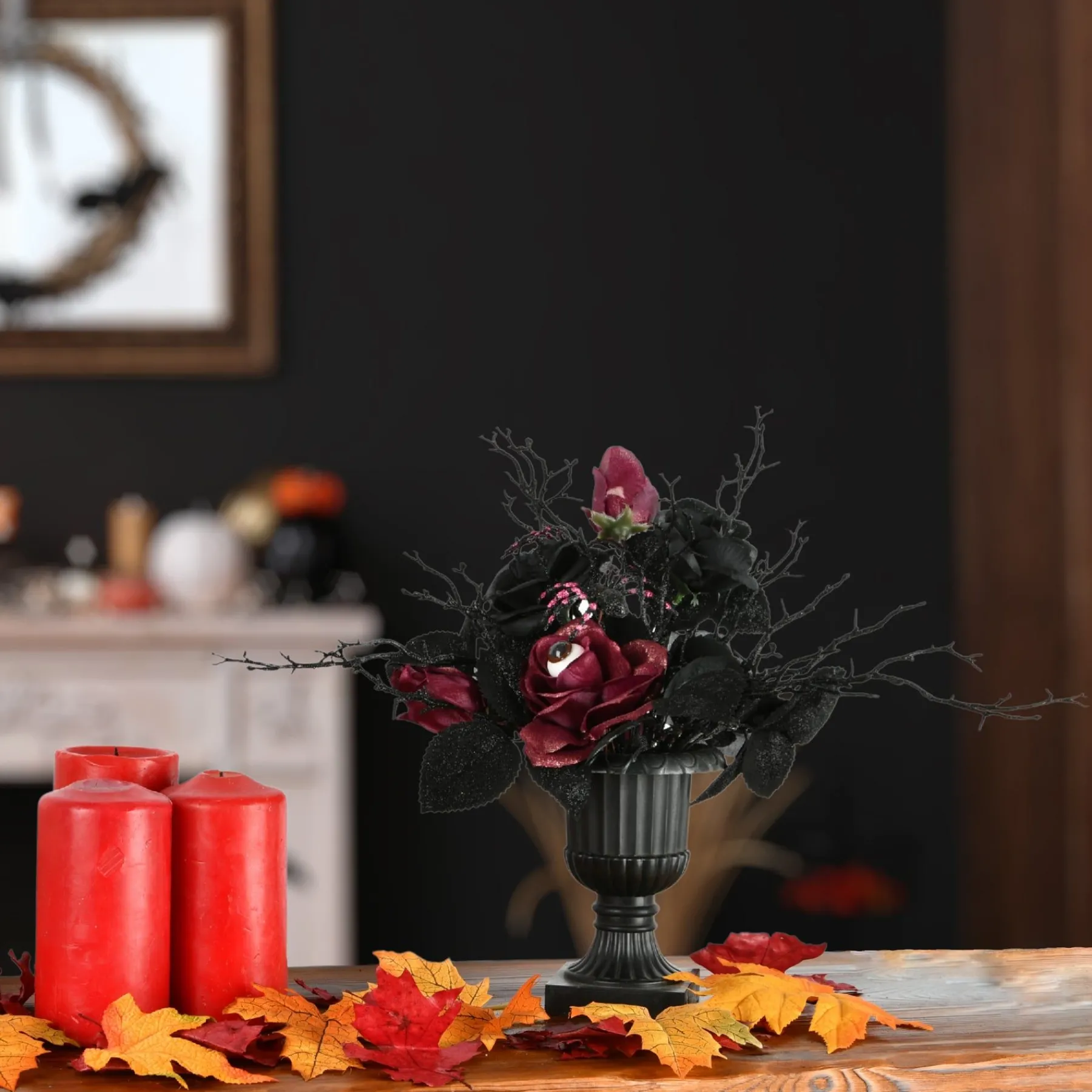 Halloween Christmas Tree-National Tree Company Halloween Artificial Plant Decoration, Black, Decorated With Roses, Flowers, Includes Black Urn, 18 Inches