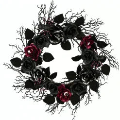 Halloween Wreath-National Tree Company Halloween Artificial Spooky Wreath, Black, Decorated With Roses, Leaves, Thorny Branch Base, 22 Inches