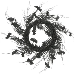 Halloween Wreath-National Tree Company Halloween Artificial Wreath, Black, Decorated With Bats, Fern Leaves, Branches, 24 Inches