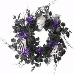 Halloween Wreath-National Tree Company Halloween Artificial Wreath, Black, Decorated With Skulls, Roses, Purple Flowers, 24 Inches
