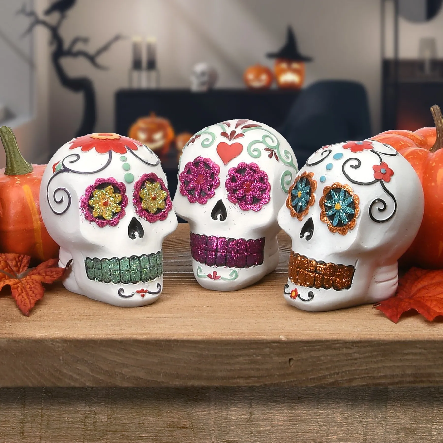 Halloween Table Decoration-National Tree Company Halloween Day Of The Dead Skulls, Pack Of 3, 3 Inches