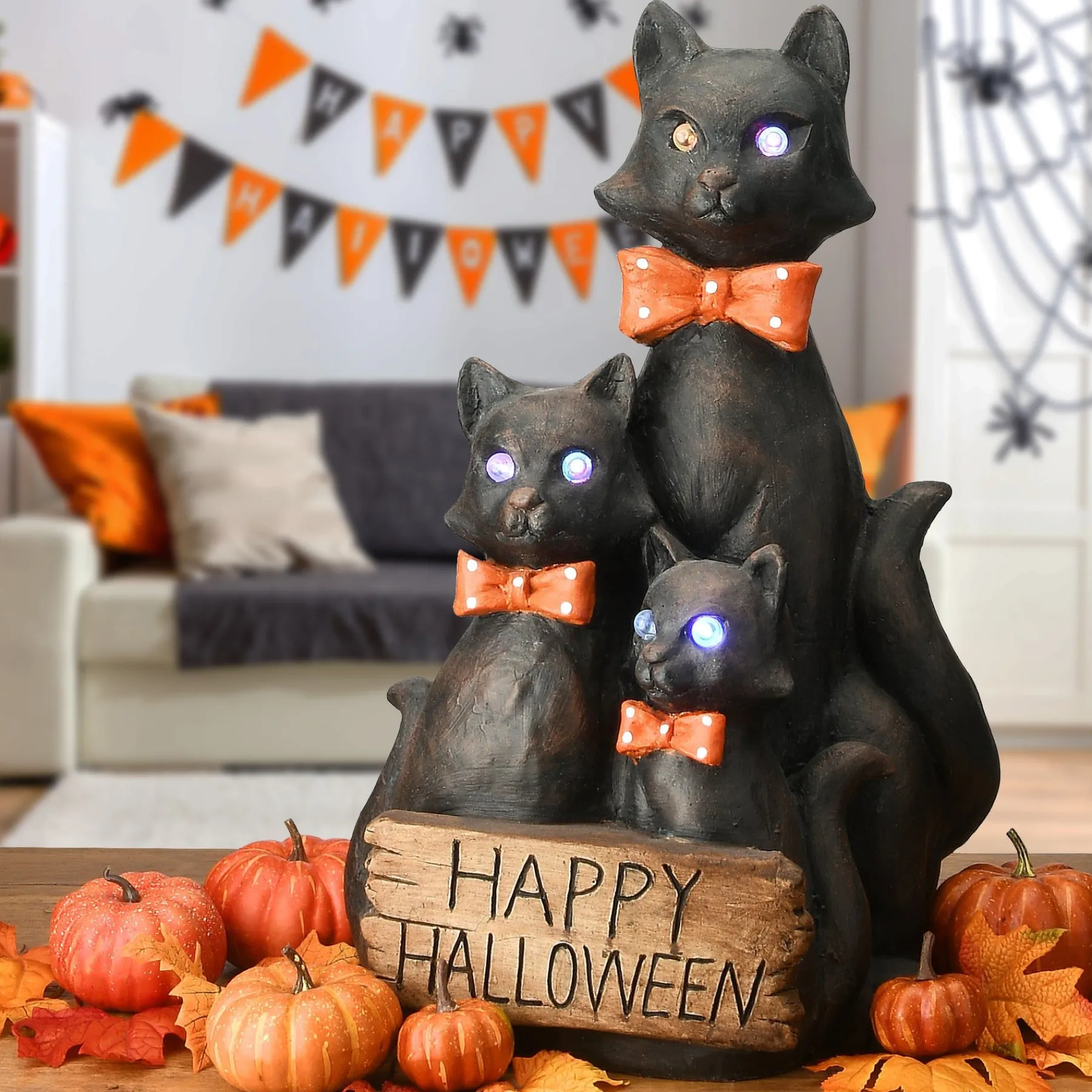 Halloween Table Decoration-National Tree Company Halloween Happy Cat Trio, Led Lights, 21 Inches