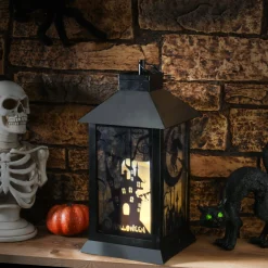 Halloween Table Decoration-National Tree Company Halloween Lantern With Led Lights, Carved Images Of Witches And Cobwebs, 16 Inches