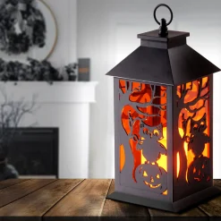 Halloween Table Decoration-National Tree Company Halloween Lantern With Led Lights, Carved Images Of Owls, Pumpkins, Leafless Trees , 12 Inches