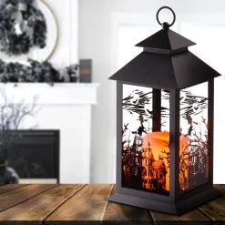 Halloween Table Decoration-National Tree Company Halloween Lantern With Led Lights, Carved Images Of Witches, Haunted House, 12 Inches