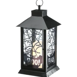 Halloween Table Decoration-National Tree Company Halloween Lantern With Led Lights, Carved Images Of Bats And Cobwebs, 16 Inches