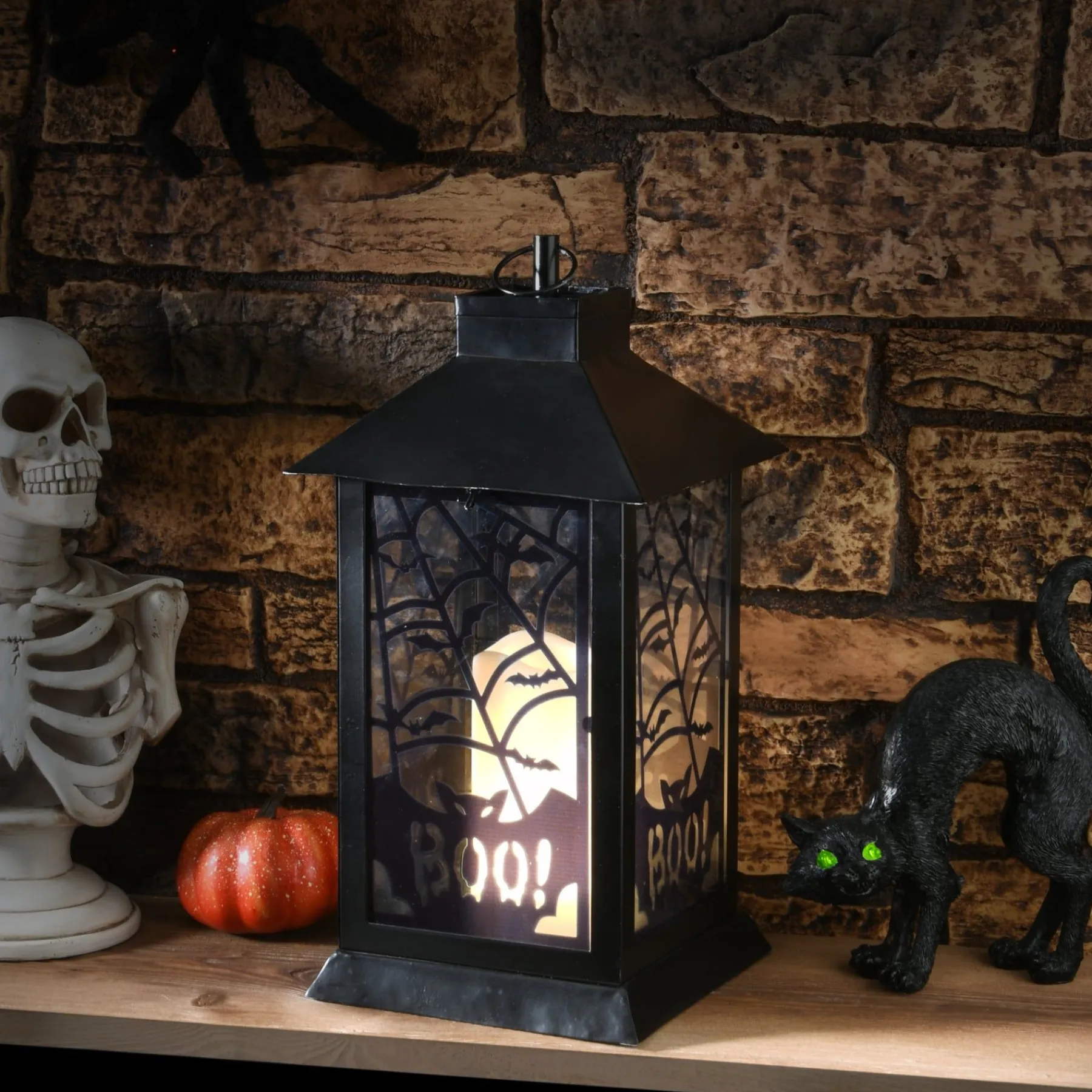 Halloween Table Decoration-National Tree Company Halloween Lantern With Led Lights, Carved Images Of Bats And Cobwebs, 16 Inches