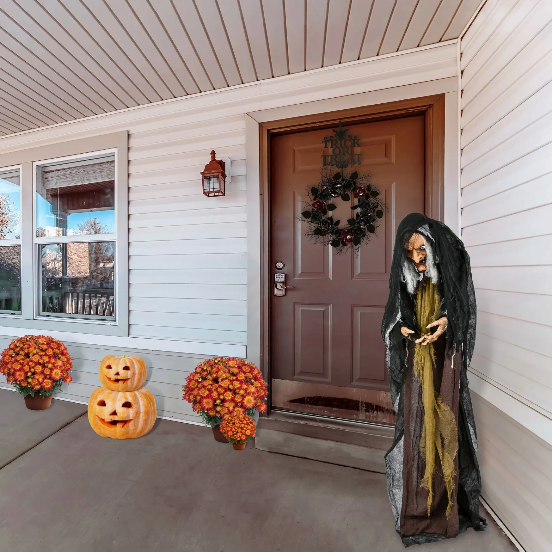 Halloween Animated Decoration-National Tree Company Halloween Pre Lit Animated Scary Old Witch, Brown, Sound Activated, Led Lights, Battery Operated, 63 Inches