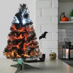 Halloween Christmas Tree-National Tree Company Halloween Pre Lit Artificial Tree Decoration, Black, Fiber Optic, Candy Corn Colored Lights, 3 Feet