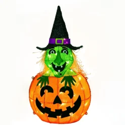 Halloween Outdoor Decoration-National Tree Company Halloween Pre Lit Lighted Sign Decoration, Orange, Pumpkin And Witch, Led Lights, Battery Operated, 28 Inches