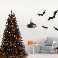 Halloween Christmas Tree-National Tree Company Halloween Pre-Lit Artificial Full Christmas Tree, Black, North Valley Spruce, White Lights, Includes Stand, 6.5 Feet